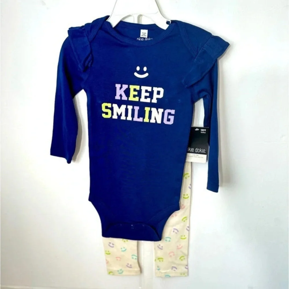 Okie‎ Dokie Baby Girls 18M Keep Smiling Bodysuit and Leggings Set Navy Blue 2pc